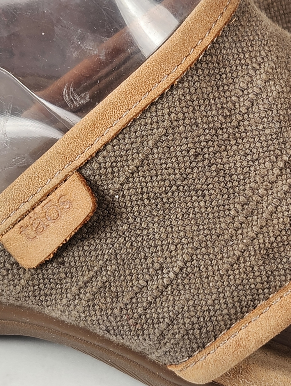 Taos Footwear Brown Canvas Slide Sandals with Tan Trim - Picture 3 of 11